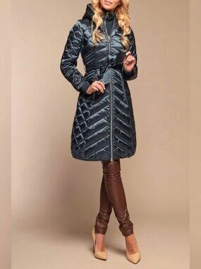 NAUMI Women’s Long Quilted Light Down Jacket Coat Metallic Blue Gray Full Zip S